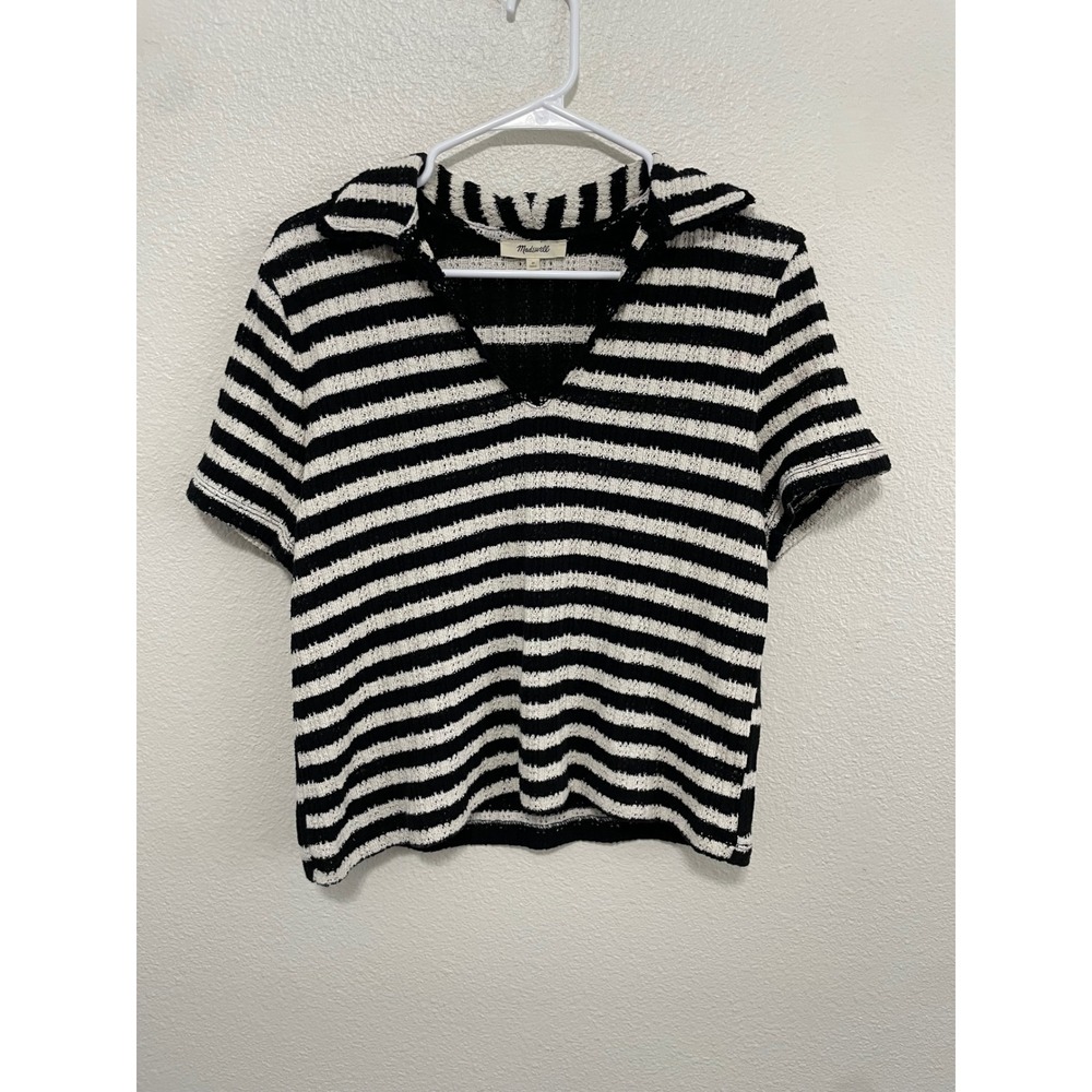 Madewell Polo Shirt Women Medium Black White Excellent Striped Knit V-Neck